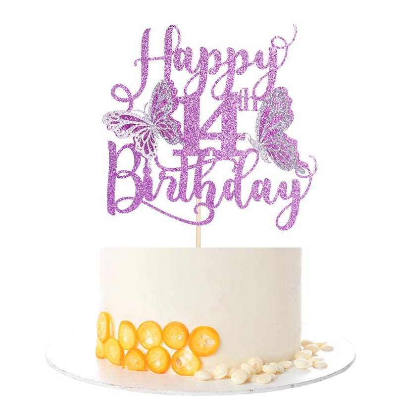 Kaoenla 3D Butterfly Happy 14th Birthday Cake Topper  Glitter Butterfly Theme 14 years old///fourteen Birthday/Anniversary Party Cake Decor (14th  Purple) - Image 1