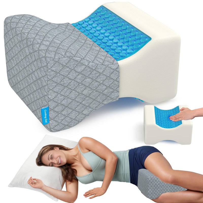 CloudBliss Knee Pillow for Side Sleepers Cooling Leg Pillow for Side Sleeping Memory Foam Knee Pillow for Hip Pain Lower Back Pain Sciatica Pain Knee Wedge Pillow with Contour DesignGrey