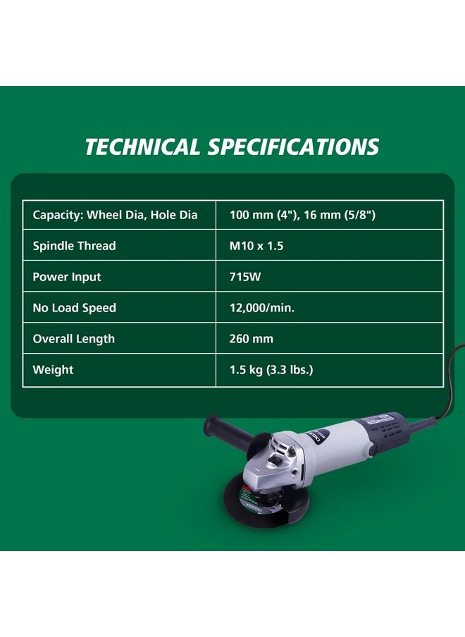 Hikoki - HIKOKI Heavy Duty Corded Angle Grinder | 715W | 12000 RPM | 100mm Disc Dia | 16mm Whole Dia | 1.5 KG | Horsepower 1000W | Double Insulated Body | Depressed Center Wheel | Wrench Included | PDA100M - Image 1