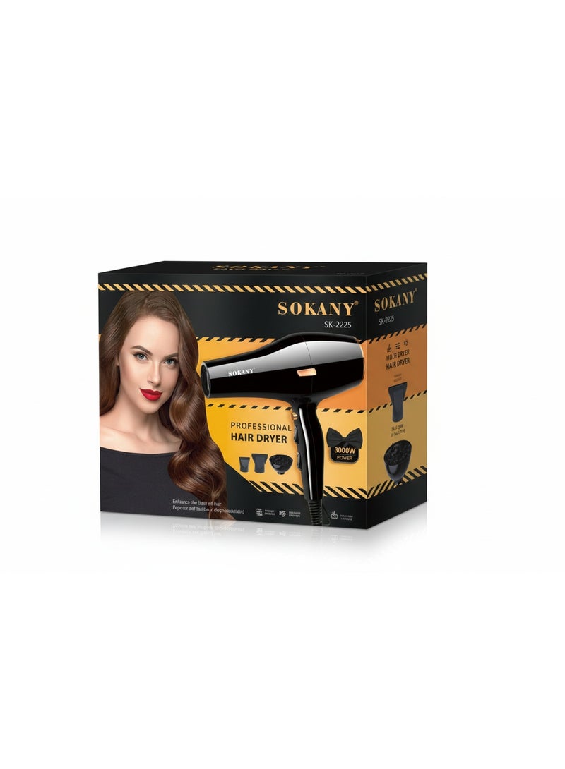 sokany SK-2225 Professional 3000W Hair Dryer with Diffuser & 3 Attachments, 2 Speed & 2 Heat Settings, Hot & Cold Air, Powerful Motor, Fast Drying, Salon-Quality Styling for Home & Professional Use - Image 2