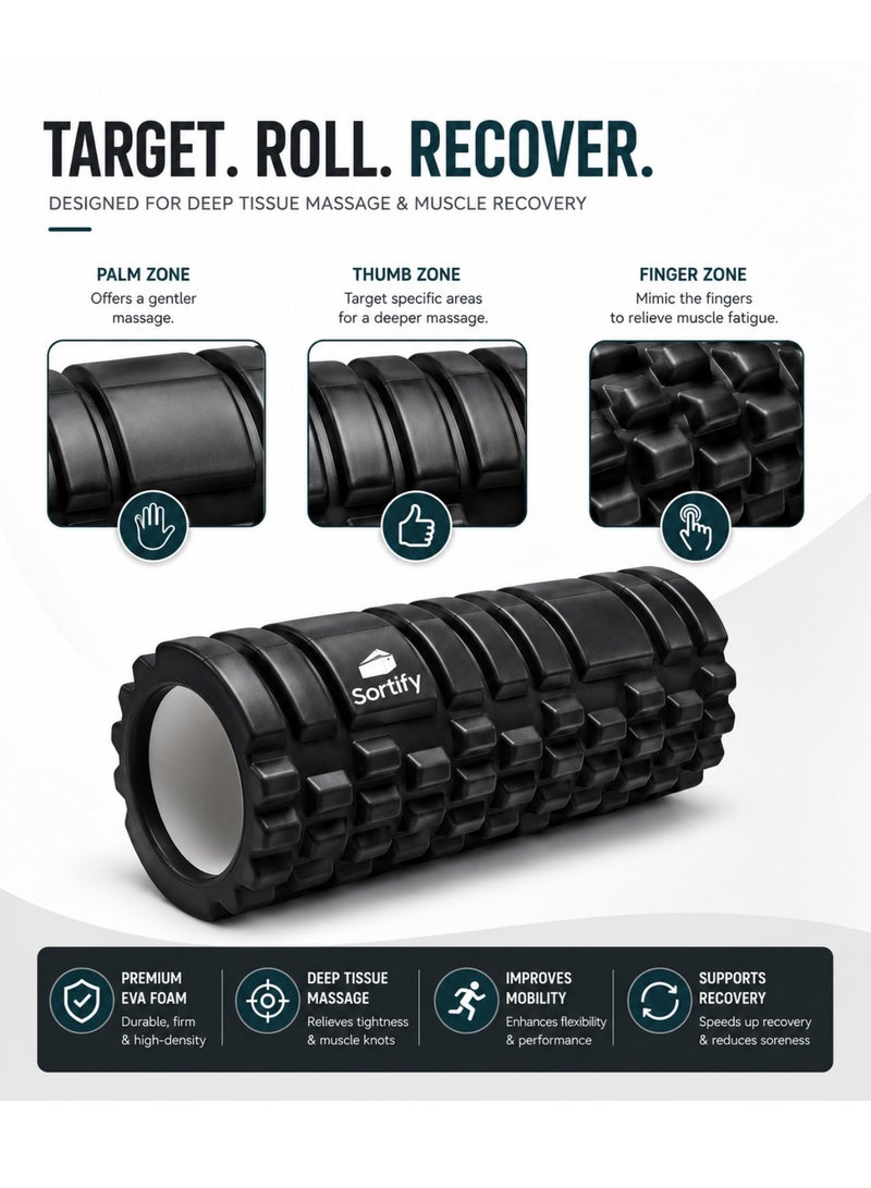 Sortify EVA Foam Roller for Exercise – Deep Tissue Massage Roll & Back Roller for Gym or Home, Medium Density Body Roller for Trigger Point Therapy, Yoga, Pilates & Sports Recovery, 33x14 cm, Black - Image 4