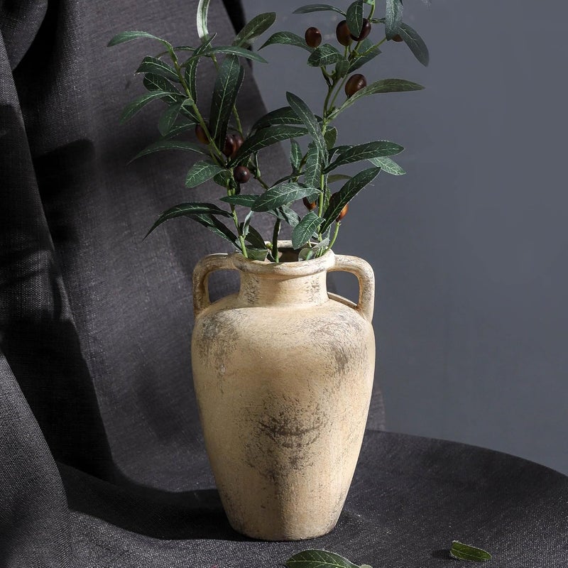 Lyeec Rustic Vase for Flower, 8.85 inch Ceramic Vintage Vases with Handle, Tall Terracotta Christmas Farmhouse Vase for Home Decor, Living Room Shelf Decor, Enterway, Table, - Image 3