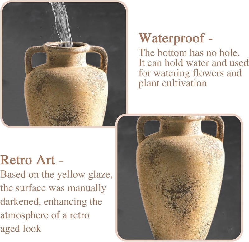 Lyeec Rustic Vase for Flower, 8.85 inch Ceramic Vintage Vases with Handle, Tall Terracotta Christmas Farmhouse Vase for Home Decor, Living Room Shelf Decor, Enterway, Table, - Image 5
