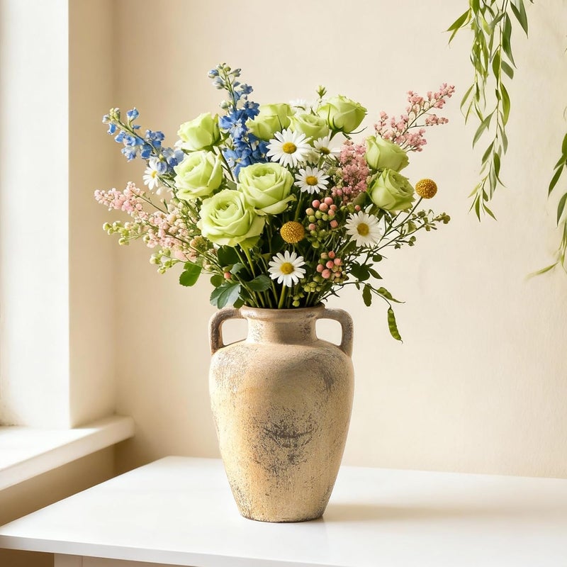 Lyeec Rustic Vase for Flower, 8.85 inch Ceramic Vintage Vases with Handle, Tall Terracotta Christmas Farmhouse Vase for Home Decor, Living Room Shelf Decor, Enterway, Table, - Image 1