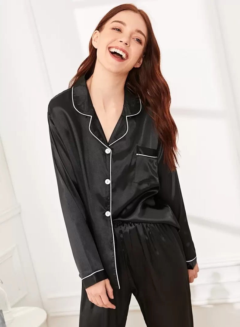 Luxury women's black satin pajama set with white trim - Image 3