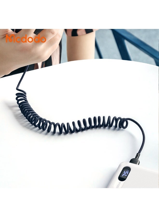 مكدودو كابل بيانات CA-641 Lightning بطول 1.8 متر، تصميم حلزوني مرن مضفر من النايلون وهيكل قوي من الألومنيوم، شحن سريع QC4.0/3.0 بقوة 2 أمبير، متوافق مع أجهزة iPhone وباور بانك، مؤشر حالة الشحن LED ودعم مزامنة البيانات، متين وخالٍ من التشابك. - Image 3