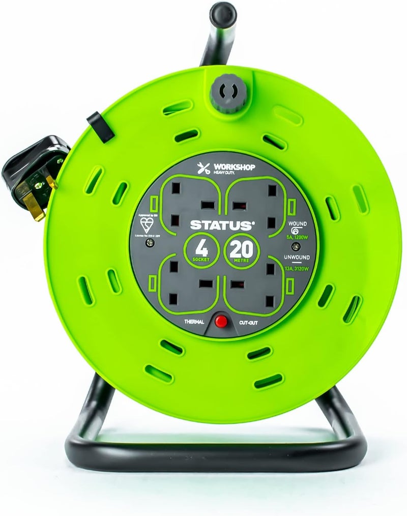 Status 4 Socket Cable Reel | 20m Green Extension Lead | 13A with Thermal Cut Out | Heavy Duty Outdoor Extension Lead | S20M13ACR2 - Image 1
