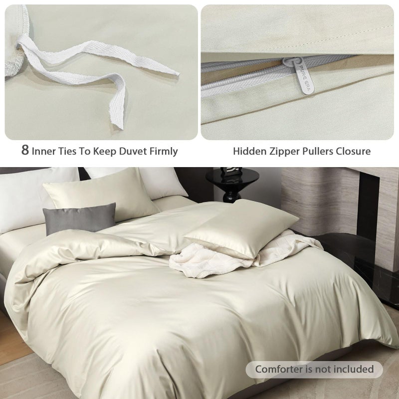 PURE ERA Duvet Cover Set 800 Thread Count Long Staple Cotton Sateen Silky Soft Luxurious Smooth 3 Piece Set Beige Queen - Image 3