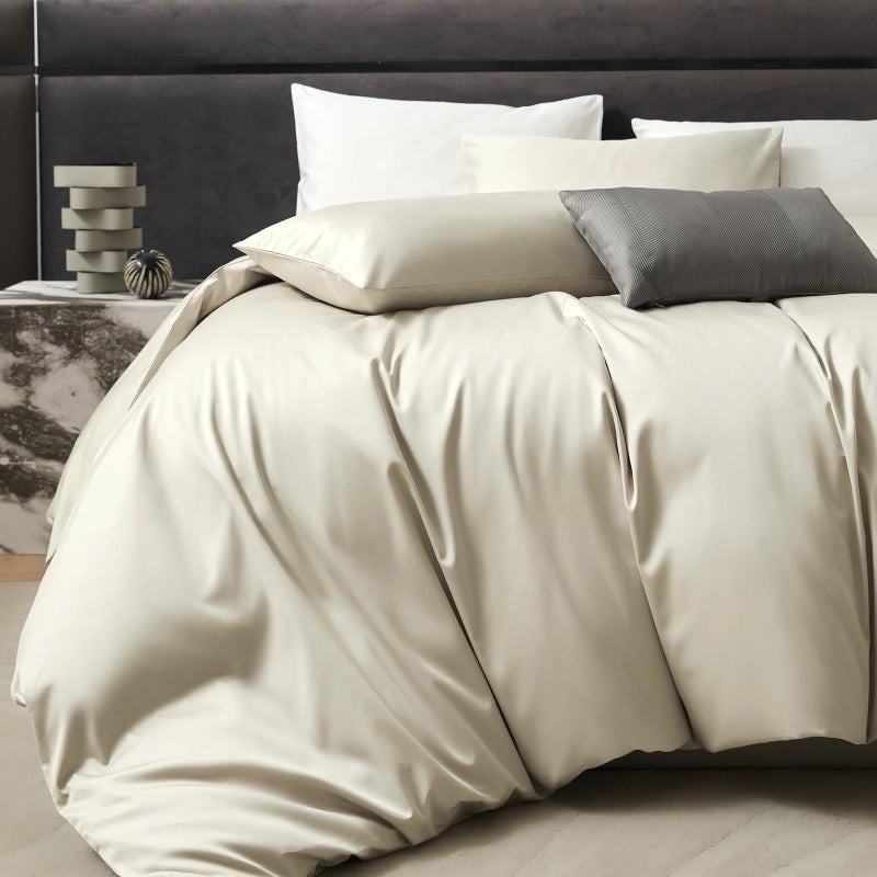 PURE ERA Duvet Cover Set 800 Thread Count Long Staple Cotton Sateen Silky Soft Luxurious Smooth 3 Piece Set Beige Queen - Image 2