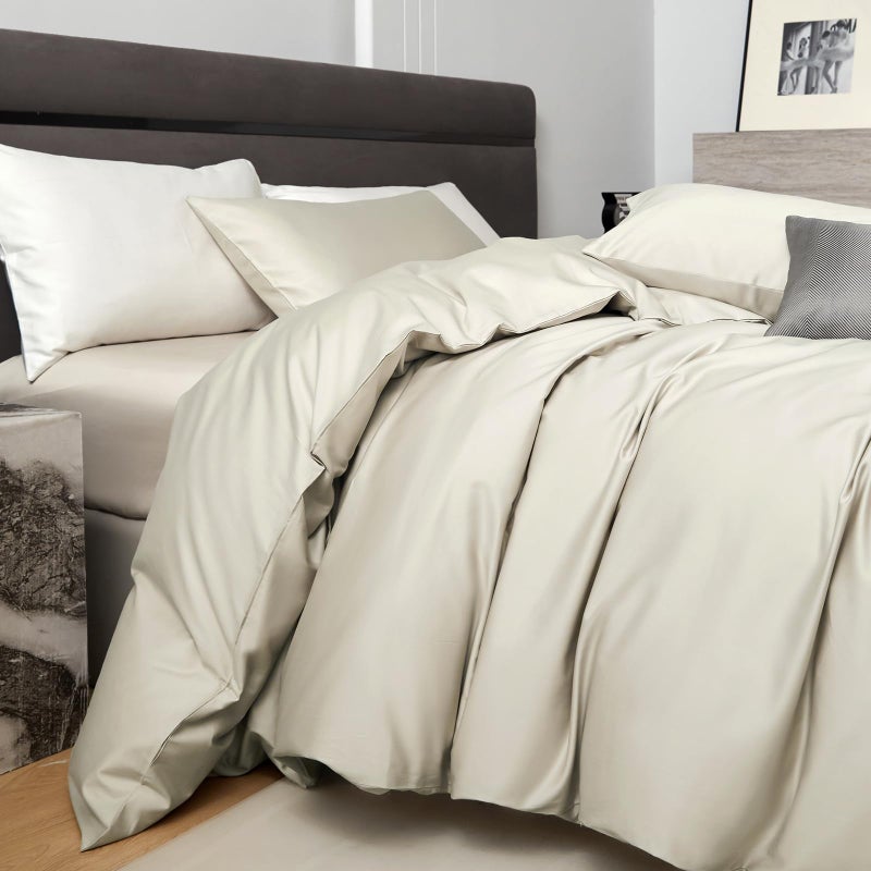 PURE ERA Duvet Cover Set 800 Thread Count Long Staple Cotton Sateen Silky Soft Luxurious Smooth 3 Piece Set Beige Queen - Image 4