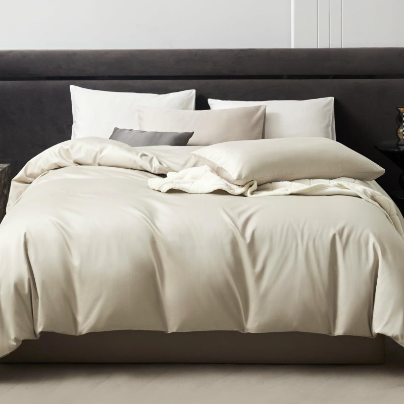 PURE ERA Duvet Cover Set 800 Thread Count Long Staple Cotton Sateen Silky Soft Luxurious Smooth 3 Piece Set Beige Queen - Image 1