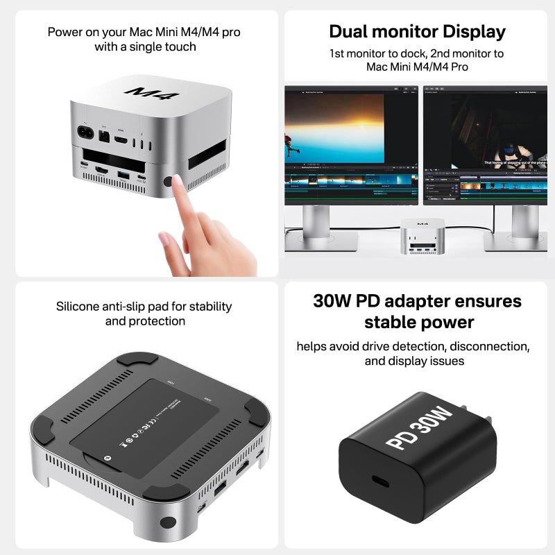 ACASIS Mac mini M4 Dock & Stand with Dual-Bay NVMe SSD Enclosure, Aluminum HDMI Hub for Mac mini M4 and M4 Pro 2024, 4K60Hz HDMI,4 X 10G USB A, PD 30W, SD/TF, Support SSD B+M M-Key - Image 3