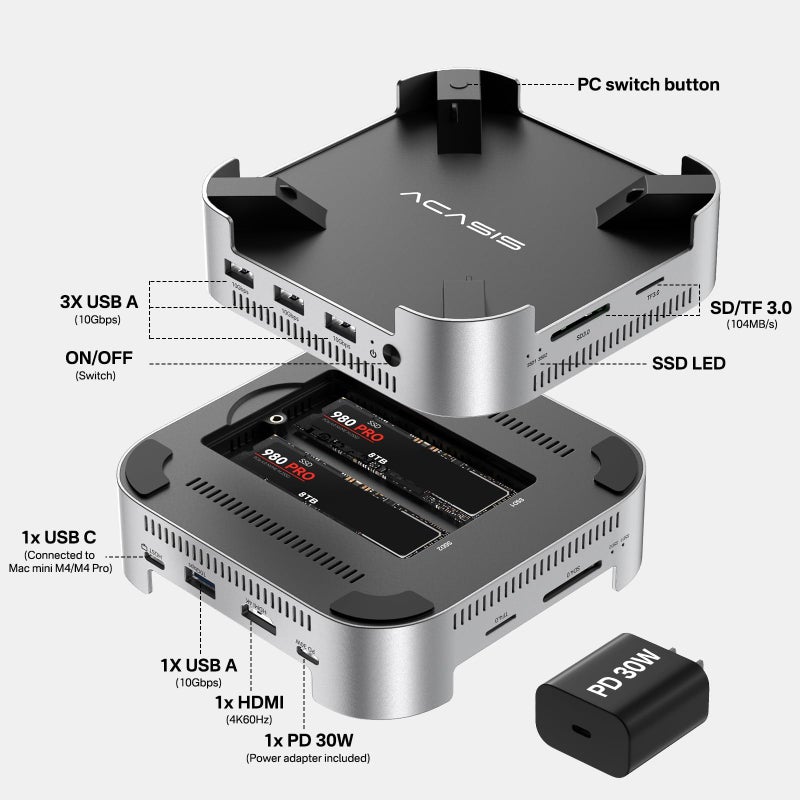 ACASIS Mac mini M4 Dock & Stand with Dual-Bay NVMe SSD Enclosure, Aluminum HDMI Hub for Mac mini M4 and M4 Pro 2024, 4K60Hz HDMI,4 X 10G USB A, PD 30W, SD/TF, Support SSD B+M M-Key - Image 2