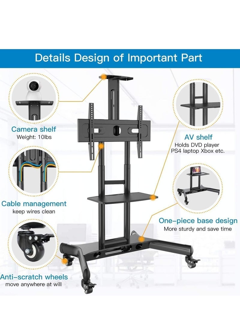 TV Cart Mobile, Height Ajustable TV Stand Mobile No-slip Floor Stand Mount for 32"-70" HDR & LCD TV Screens, Black - Image 2