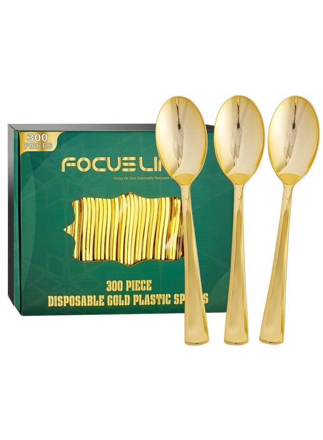 FOCUSLINE عبوة من 300 ملاعق بلاستيكية ذهبية للاستخدام مرة واحدة، مقاس 6.8 بوصة، ملاعق بلاستيكية متينة وقوية، أدوات مائدة فضية متينة للاستخدام مرة واحدة، مناسبة للمطاعم والحفلات وحفلات العشاء وحفلات الزفاف. - Image 1