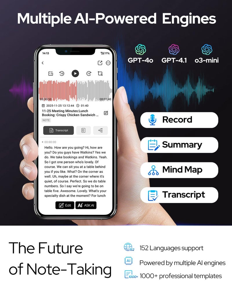 Visoud 64GB AI Voice Recorder, AI Recorder Notetaker Supports 152 Languages Transcribe and Summarize, APP Control Audio Recorder for Lectures, Meetings, Calls, Interviews - Image 2