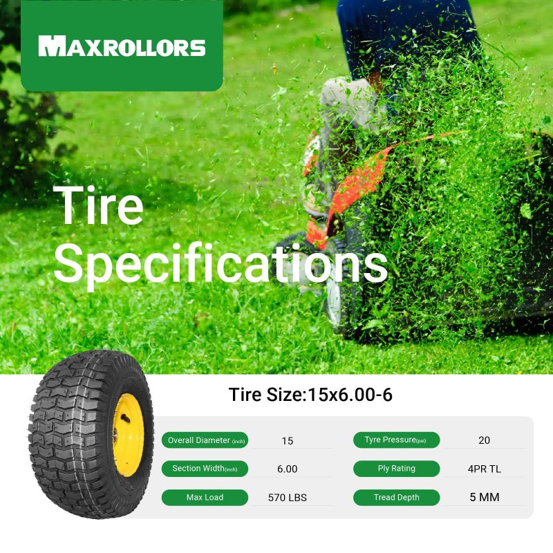 MAXROLLORS (2 Pack) 15x6.00-6 Tubeless Front Tire and Wheel, 3/4" Bearings, 3" Offset Hub, 4-Ply, Compatible with 100 and 300 Series John Deere Riding Mowers - Image 5