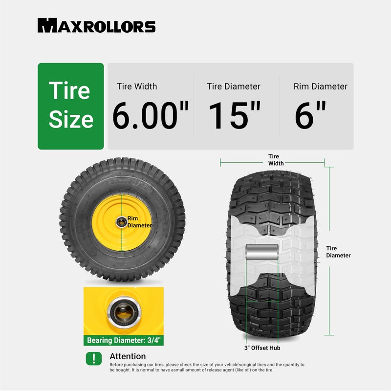 MAXROLLORS (2 Pack) 15x6.00-6 Tubeless Front Tire and Wheel, 3/4" Bearings, 3" Offset Hub, 4-Ply, Compatible with 100 and 300 Series John Deere Riding Mowers - Image 2