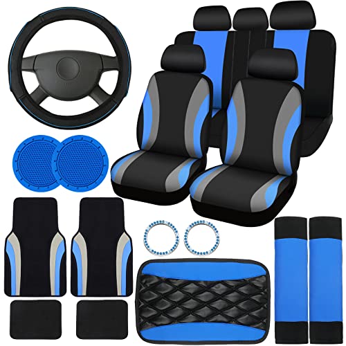 Fabbay 21 Pcs Car Seat Covers Full Set Car Floor Mats Steering Wheel Cover Armrest Seat Belt Pad Seatbelt Cup Mats Emblem Ring Sticker for Sedans Trucks SUV(Black, Blue) - Image 1