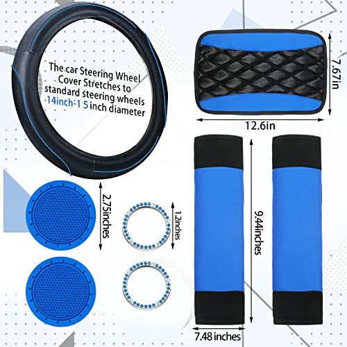 Fabbay 21 Pcs Car Seat Covers Full Set Car Floor Mats Steering Wheel Cover Armrest Seat Belt Pad Seatbelt Cup Mats Emblem Ring Sticker for Sedans Trucks SUV(Black, Blue) - Image 5
