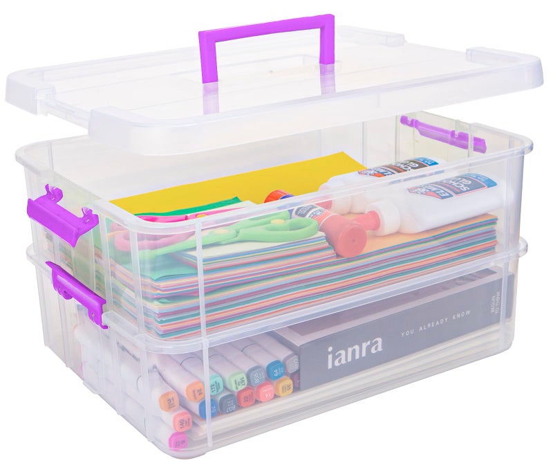 TERGOO 2 Layer Plastic Storage Containers with Lids, Multipurpose Clear Stack & Carry Box, Portable Craft Organizers and Storage Bin for Organizing Art & Craft, Sewing, Makeup, Nail Supplies (Purple) - Image 1