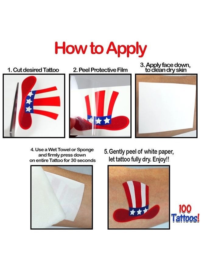 Anapoliz - 4th of July Temporary Tattoos | 100 USA Temporary Tattoos | American Flag, USA, Temporary Tattoos | 4th of July Party Props | USA Game Day Party Decoration | American theme Party Favors | by Anapoliz - Image 1