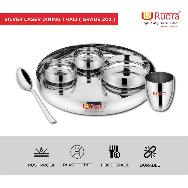 RUDRA Stainless Steel 6 Piece Silver Laser Dinner Thali Set | Grade 202-2 | for Gifting | for Home, Restaurants, Family| (15" Standard) - Image 2