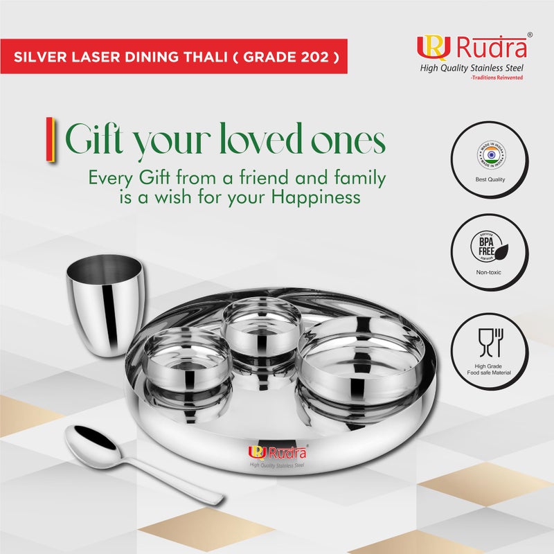 RUDRA Stainless Steel 6 Piece Silver Laser Dinner Thali Set | Grade 202-2 | for Gifting | for Home, Restaurants, Family| (15" Standard) - Image 4