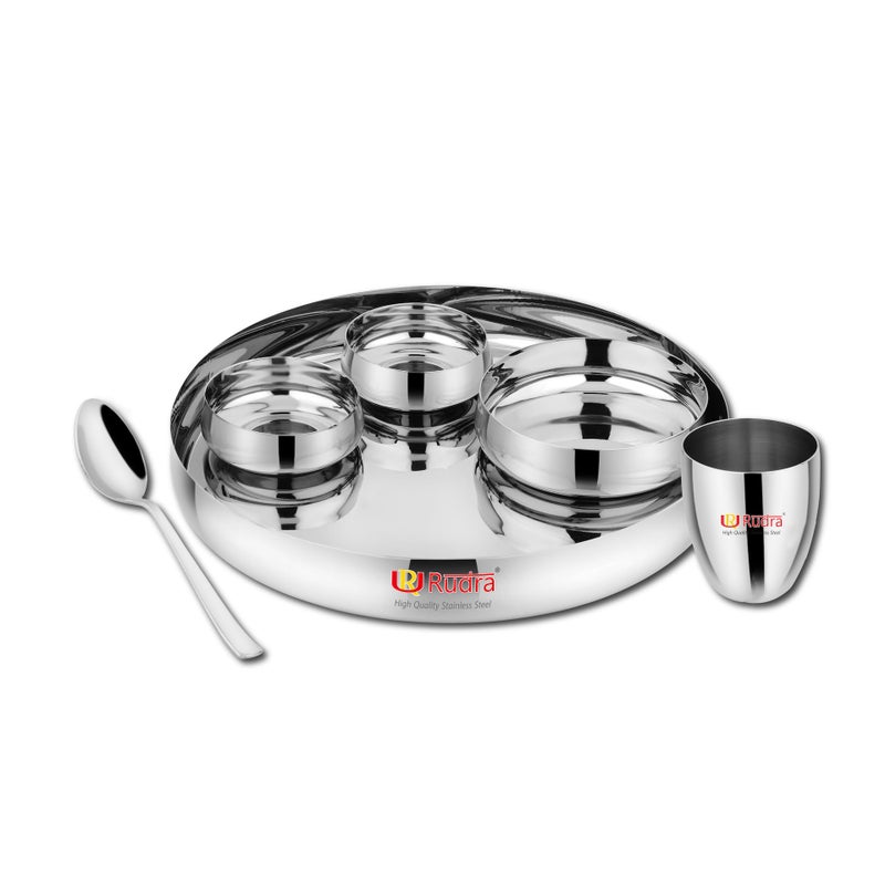 RUDRA Stainless Steel 6 Piece Silver Laser Dinner Thali Set | Grade 202-2 | for Gifting | for Home, Restaurants, Family| (15" Standard) - Image 1
