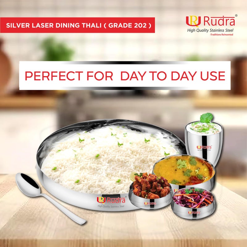 RUDRA Stainless Steel 6 Piece Silver Laser Dinner Thali Set | Grade 202-2 | for Gifting | for Home, Restaurants, Family| (15" Standard) - Image 3