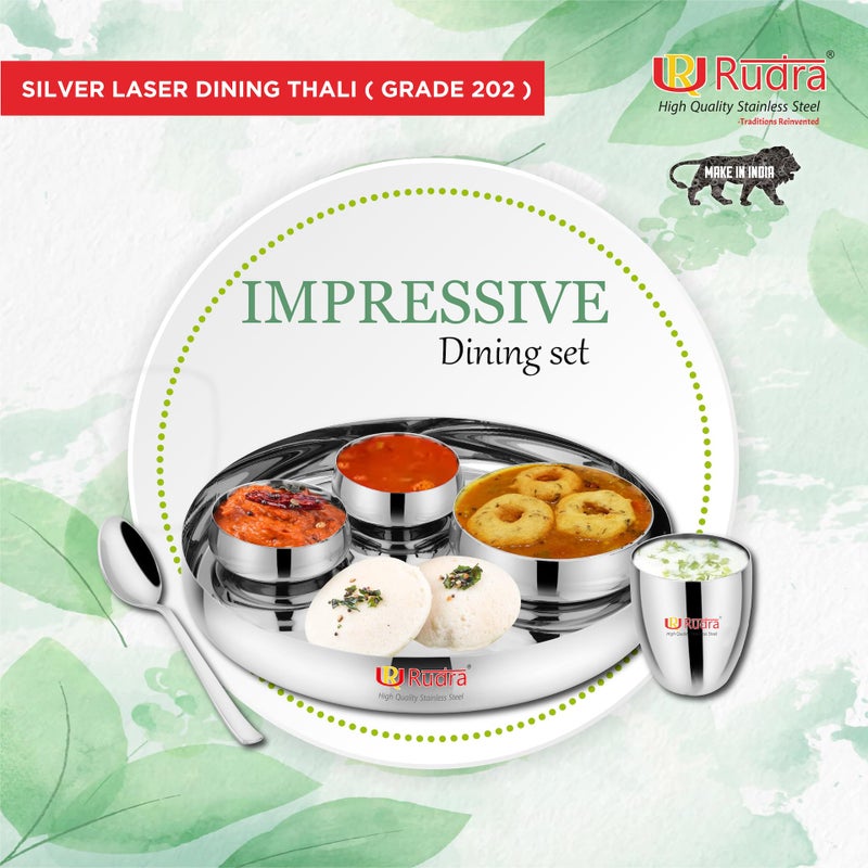 RUDRA Stainless Steel 6 Piece Silver Laser Dinner Thali Set | Grade 202-2 | for Gifting | for Home, Restaurants, Family| (15" Standard) - Image 5