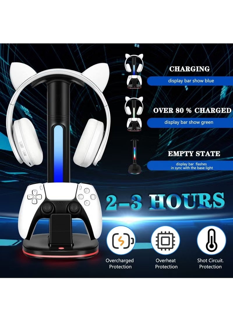 KIIUMI Controller Charging Station with RGB Headphone Stand for PS5 Controller,Charger Holder with 2 USB Charging Ports, Headset Stand for Playstation 5 Controller Charging Dock, Black - Image 2