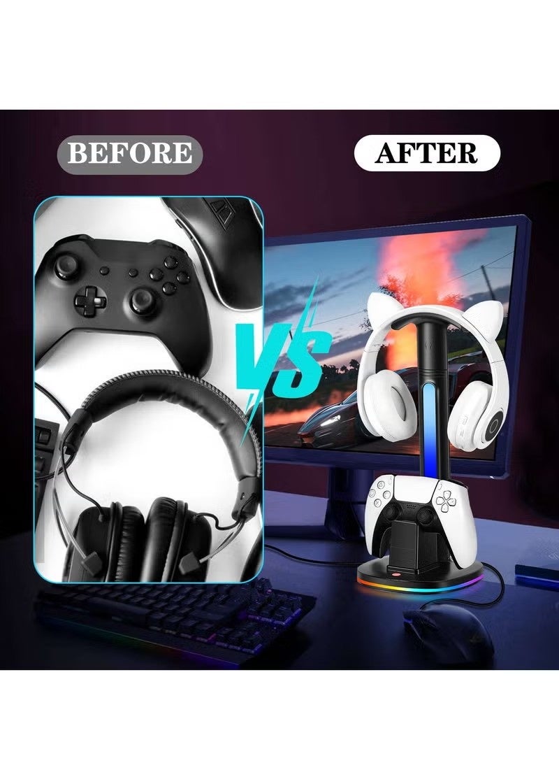 KIIUMI Controller Charging Station with RGB Headphone Stand for PS5 Controller,Charger Holder with 2 USB Charging Ports, Headset Stand for Playstation 5 Controller Charging Dock, Black - Image 5