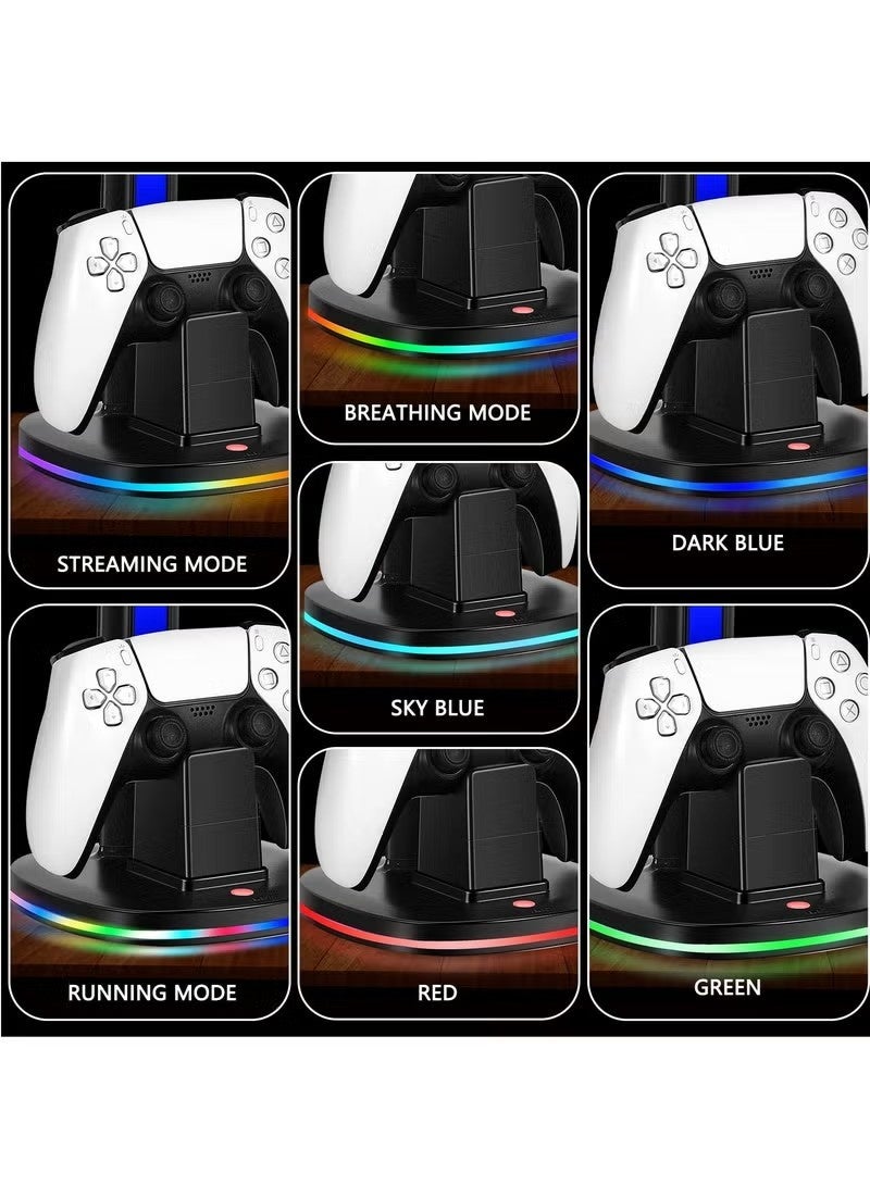KIIUMI Controller Charging Station with RGB Headphone Stand for PS5 Controller,Charger Holder with 2 USB Charging Ports, Headset Stand for Playstation 5 Controller Charging Dock, Black - Image 3