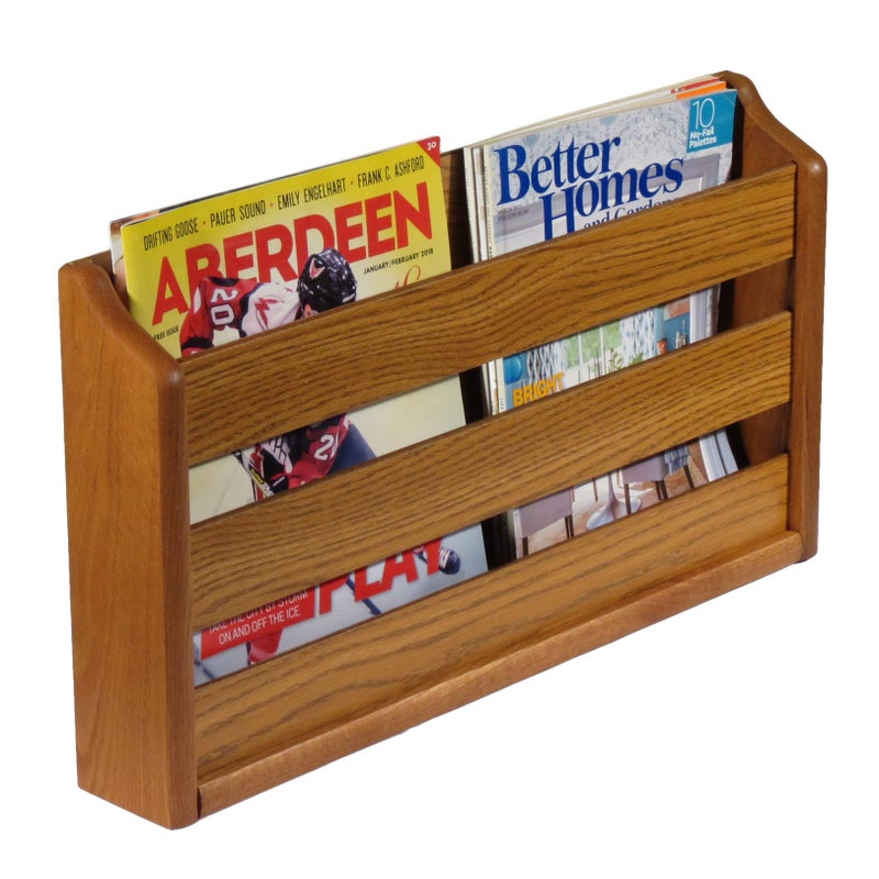Wooden Mallet Doublewide Oak Magazine Rack Wall Mount or Tabletop Medium Oak
