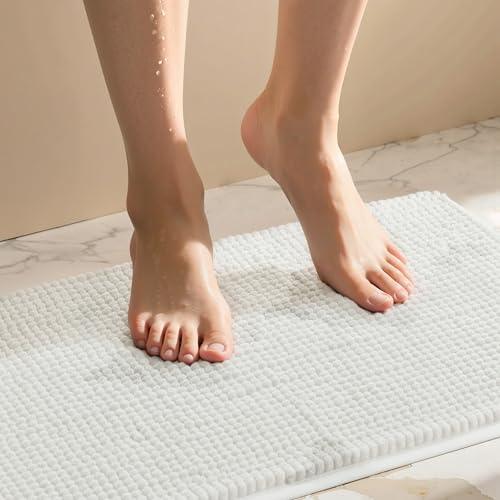 SUBRTEX Bathroom Rugs Chenille Bath Rug Soft Short Plush Bath Mat Soft Shower Mat Water Absorbent Shower Mat Quick Dry Machine WashableWhite20 x 32