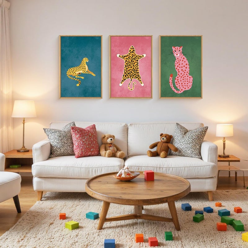Ausril Cheetah Animals Framed Canvas Wall Art Set, Leopard Preppy Room Wall Decor, Modern Boho Cats Wall Painting, Pink Dot Cartoon Art Print for Living Room Bedroom Dinning Room Office 16"x24"x3 - Image 2