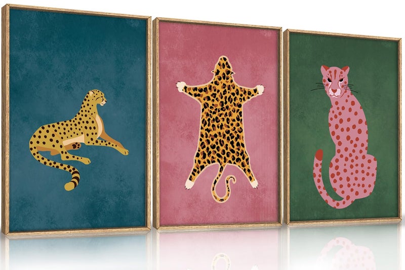 Ausril Cheetah Animals Framed Canvas Wall Art Set, Leopard Preppy Room Wall Decor, Modern Boho Cats Wall Painting, Pink Dot Cartoon Art Print for Living Room Bedroom Dinning Room Office 16"x24"x3 - Image 1