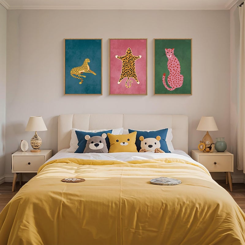 Ausril Cheetah Animals Framed Canvas Wall Art Set, Leopard Preppy Room Wall Decor, Modern Boho Cats Wall Painting, Pink Dot Cartoon Art Print for Living Room Bedroom Dinning Room Office 16"x24"x3 - Image 3