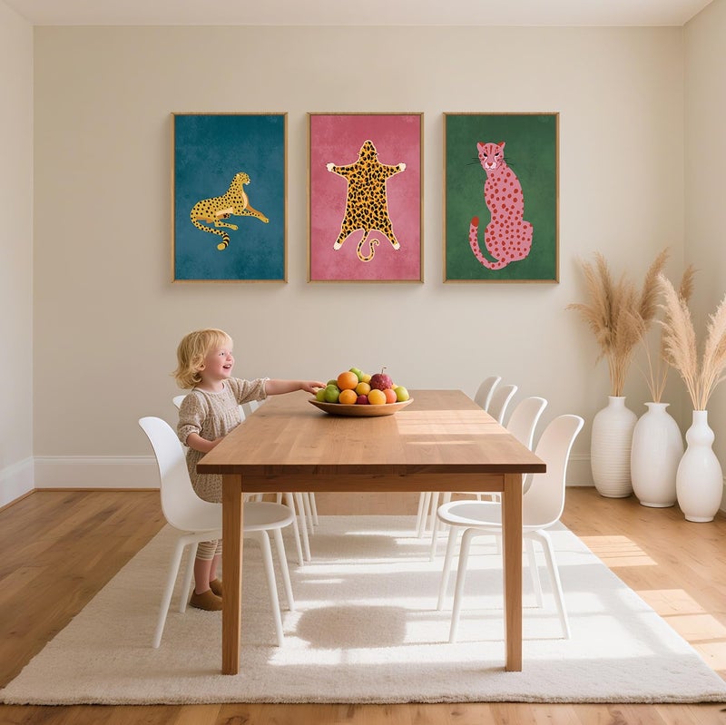 Ausril Cheetah Animals Framed Canvas Wall Art Set, Leopard Preppy Room Wall Decor, Modern Boho Cats Wall Painting, Pink Dot Cartoon Art Print for Living Room Bedroom Dinning Room Office 16"x24"x3 - Image 5