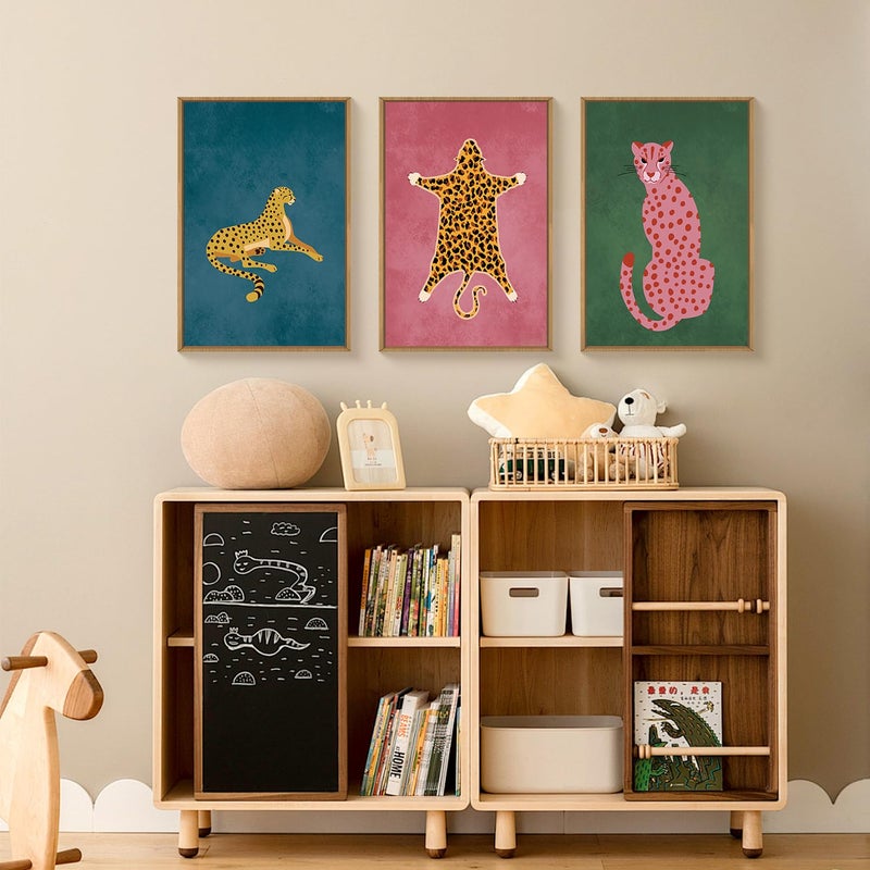Ausril Cheetah Animals Framed Canvas Wall Art Set, Leopard Preppy Room Wall Decor, Modern Boho Cats Wall Painting, Pink Dot Cartoon Art Print for Living Room Bedroom Dinning Room Office 16"x24"x3 - Image 4