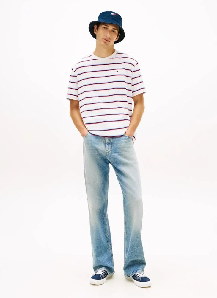 Tommy Jeans Ecru Stripe Hilfiger Flag Stripe Relaxed Jersey T-Shirt for Men | Best Price UAE