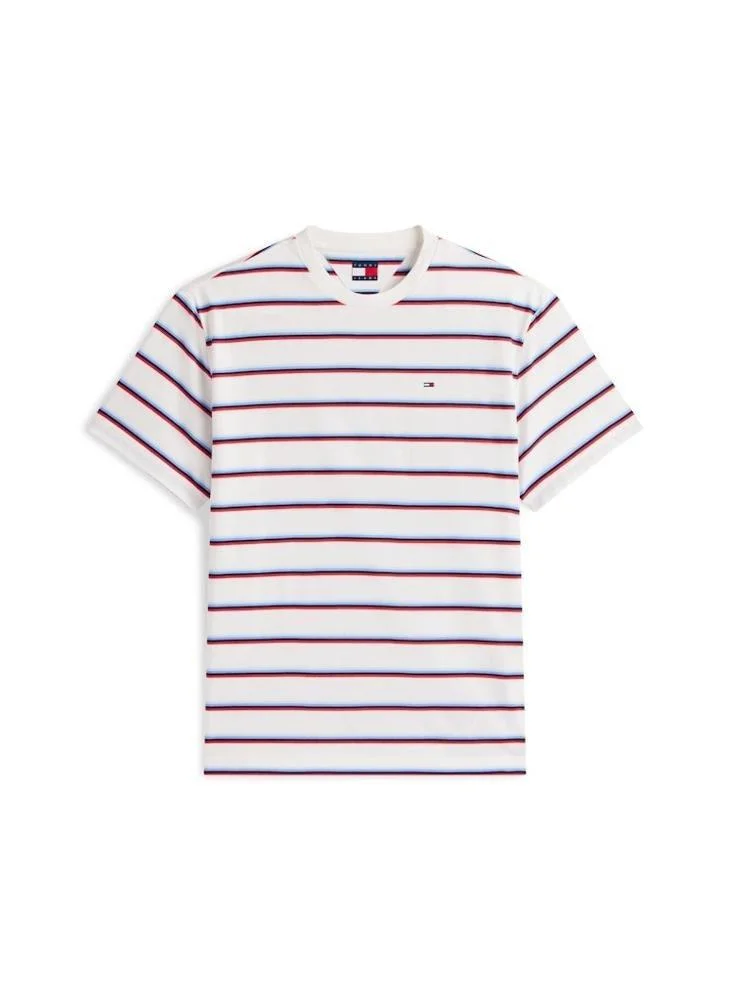 Tommy Jeans Ecru Stripe Hilfiger Flag Stripe Relaxed Jersey T-Shirt for Men | Best Price UAE