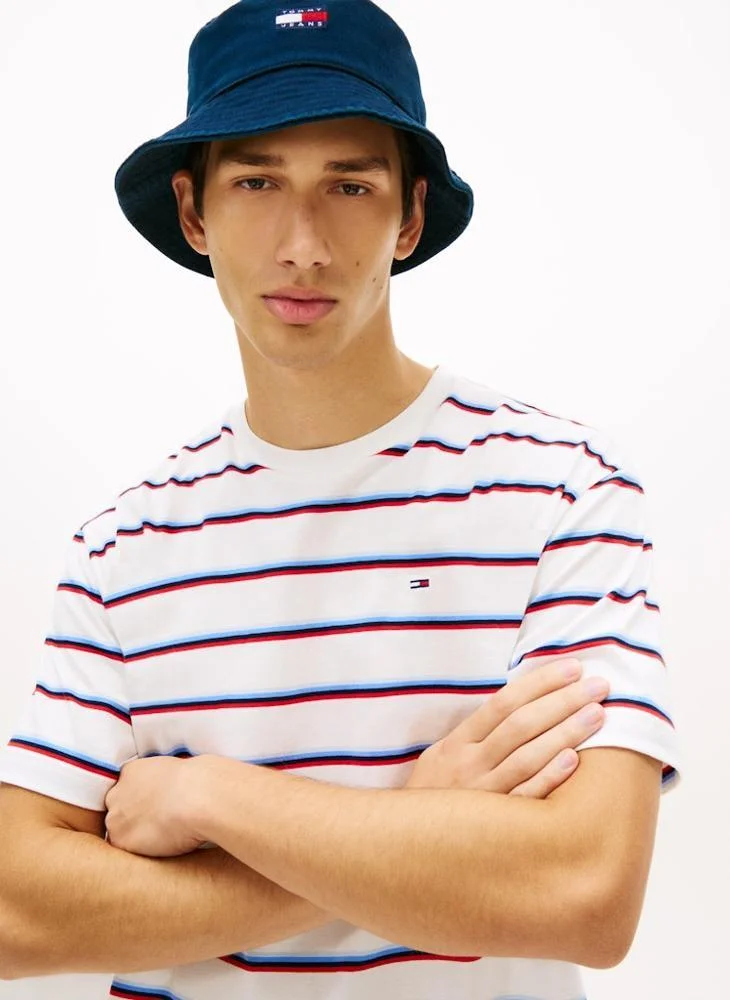 Tommy Jeans Ecru Stripe Hilfiger Flag Stripe Relaxed Jersey T-Shirt for Men | Best Price UAE