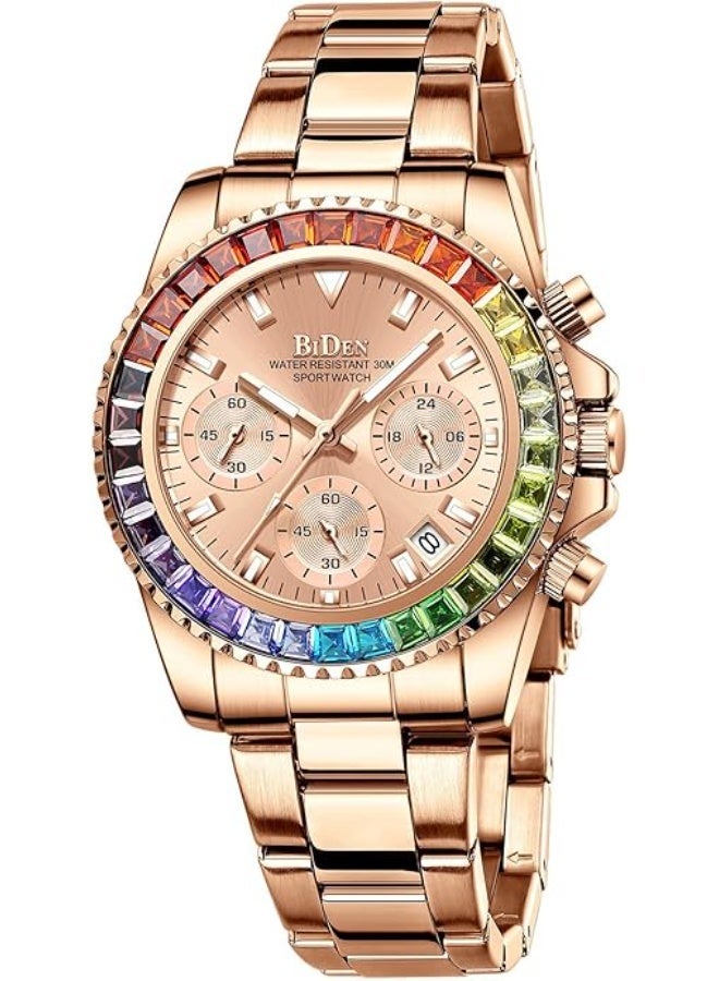 BIDEN Women Colorful Diamond Watches Chronograph Rotatable Bezel Mineral Glass Luminous Watch Stainless Steel Waterproof Date Analog Quartz Watch Fashion Business Dress Wristwatch - Image 1