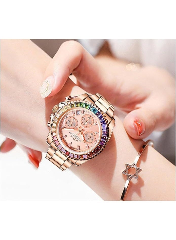BIDEN Women Colorful Diamond Watches Chronograph Rotatable Bezel Mineral Glass Luminous Watch Stainless Steel Waterproof Date Analog Quartz Watch Fashion Business Dress Wristwatch - Image 4
