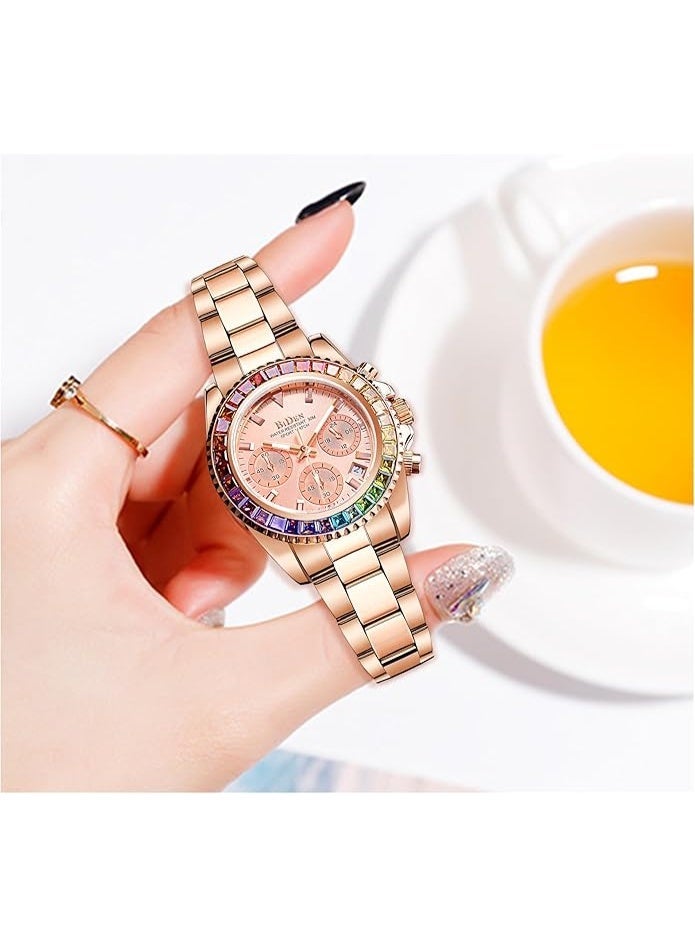 BIDEN Women Colorful Diamond Watches Chronograph Rotatable Bezel Mineral Glass Luminous Watch Stainless Steel Waterproof Date Analog Quartz Watch Fashion Business Dress Wristwatch - Image 5