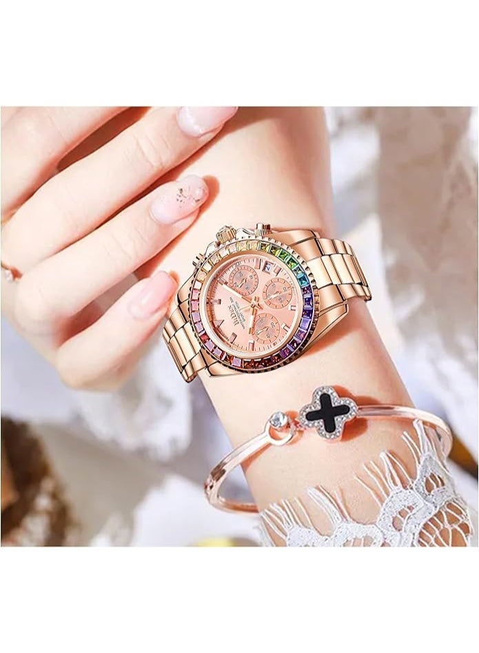BIDEN Women Colorful Diamond Watches Chronograph Rotatable Bezel Mineral Glass Luminous Watch Stainless Steel Waterproof Date Analog Quartz Watch Fashion Business Dress Wristwatch - Image 3
