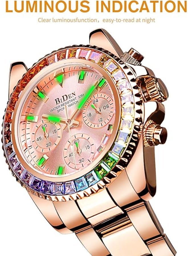 BIDEN Women Colorful Diamond Watches Chronograph Rotatable Bezel Mineral Glass Luminous Watch Stainless Steel Waterproof Date Analog Quartz Watch Fashion Business Dress Wristwatch - Image 2