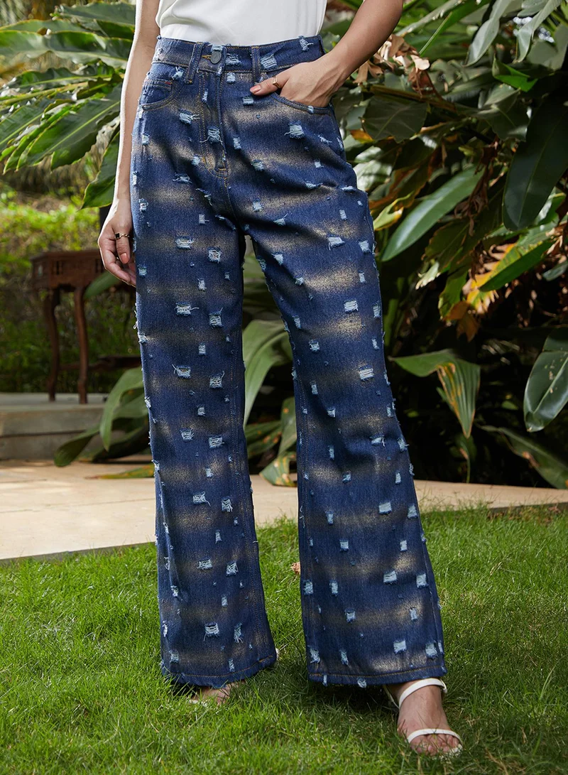 كامبوس سوترا Campus Sutra Women's Navy Blue Metallic-Brush Straight-Fit Denim Jeans For Casual Wear |  | Straight Fit | Button Closure | Denim Jeans Crafted With Comfort Fit For Everyday Wear